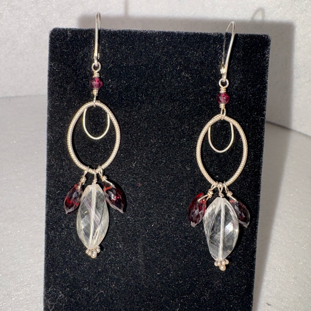 Sterling Silver Genuine Faceted Garnet and Quartz Handmade Dangle Earrings